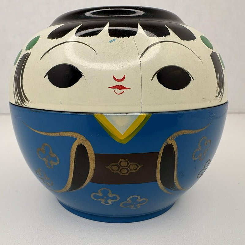 Vintage OMC Japan Kokeshi Doll Lacquerware Bowl Blue 3” Lidded Candy Dish