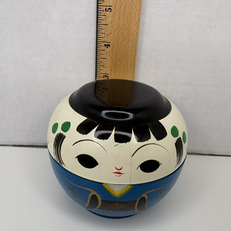 Vintage OMC Japan Kokeshi Doll Lacquerware Bowl Blue 3” Lidded Candy Dish