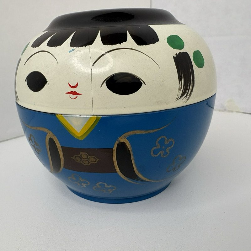 Vintage OMC Japan Kokeshi Doll Lacquerware Bowl Blue 3” Lidded Candy Dish