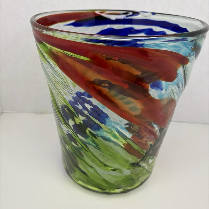 Hand Blown Art Glass Vase Multicolor Swirl Studio Style 8.5” Heavy Murano Look