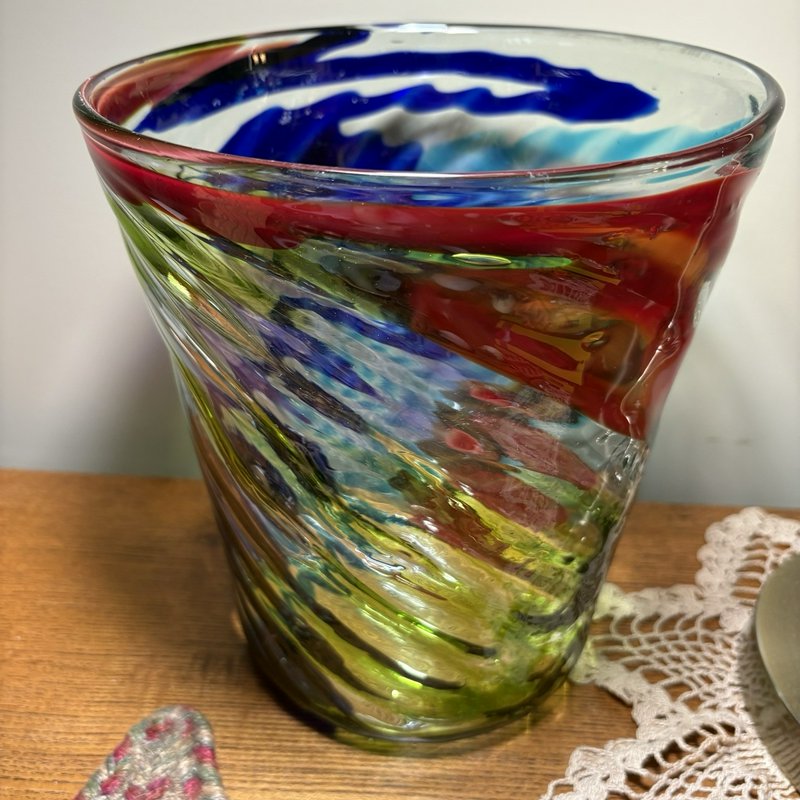 Hand Blown Art Glass Vase Multicolor Swirl Studio Style 8.5” Heavy Murano Look