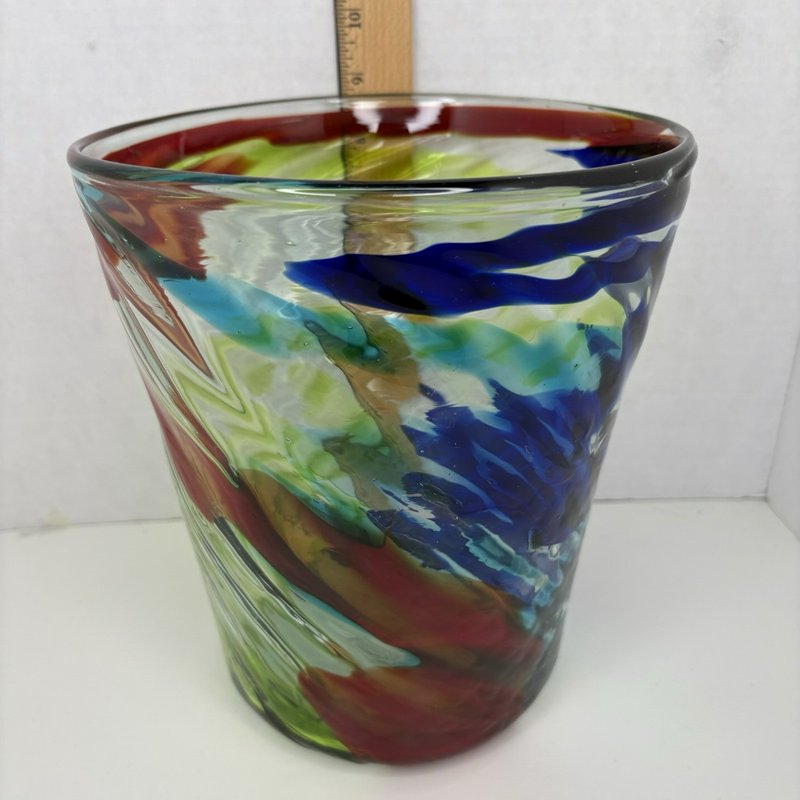 Hand Blown Art Glass Vase Multicolor Swirl Studio Style 8.5” Heavy Murano Look