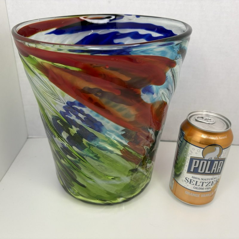 Hand Blown Art Glass Vase Multicolor Swirl Studio Style 8.5” Heavy Murano Look