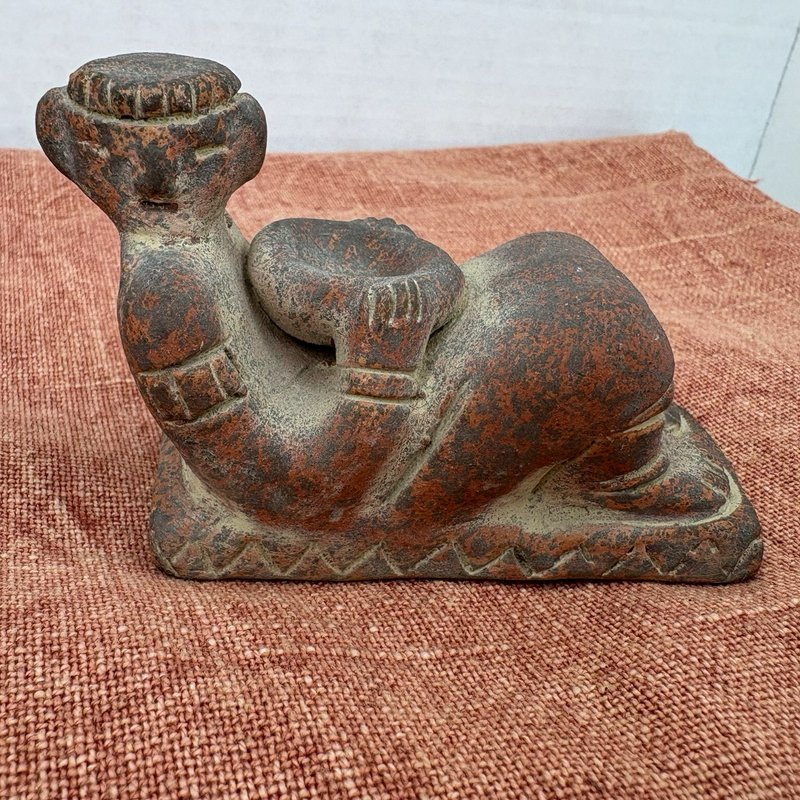 Mexican Terracotta Chacmool Style Reclining Figure Vintage Folk Art Sculpture