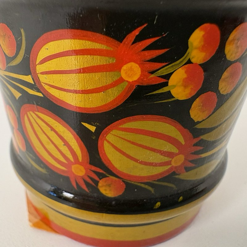 Vintage Khokhloma Wooden Cup Hand Painted Floral Gold Red Black USSR Russia