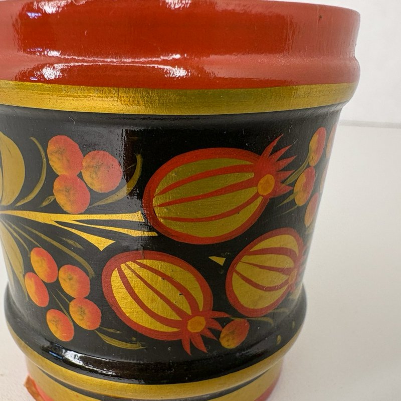 Vintage Khokhloma Wooden Cup Hand Painted Floral Gold Red Black USSR Russia