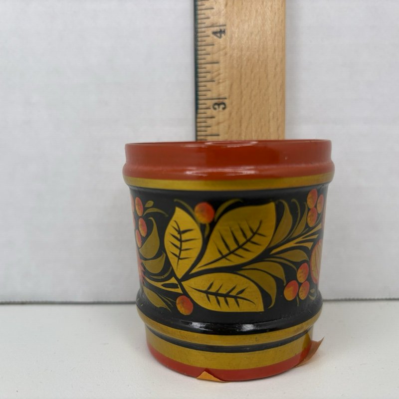 Vintage Khokhloma Wooden Cup Hand Painted Floral Gold Red Black USSR Russia