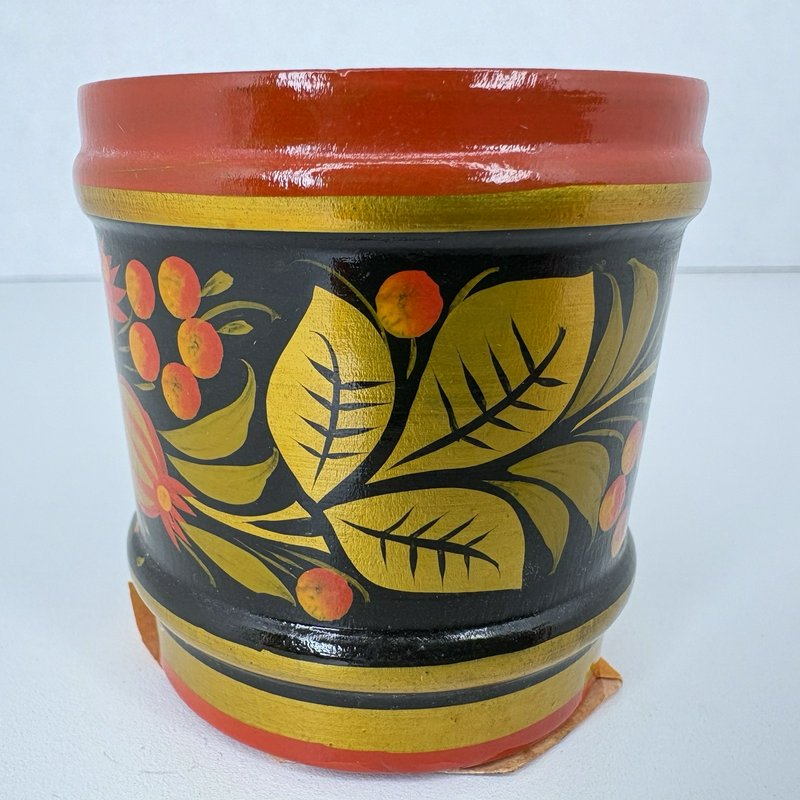 Vintage Khokhloma Wooden Cup Hand Painted Floral Gold Red Black USSR Russia