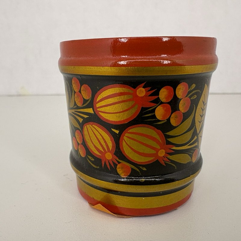 Vintage Khokhloma Wooden Cup Hand Painted Floral Gold Red Black USSR Russia