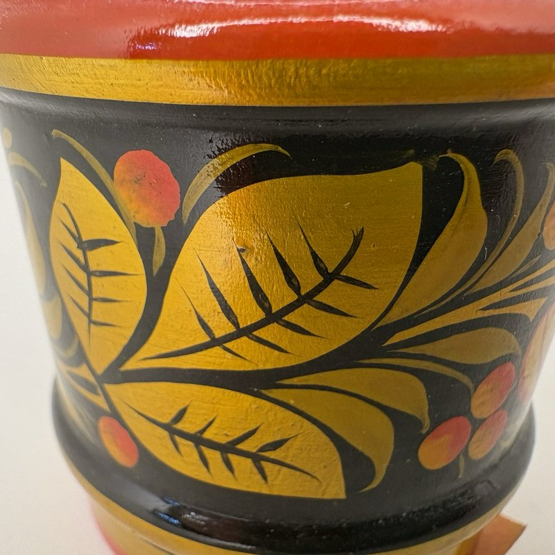 Vintage Khokhloma Wooden Cup Hand Painted Floral Gold Red Black USSR Russia