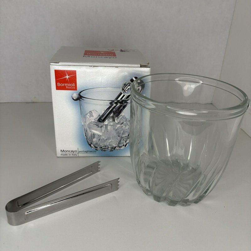 Bormioli Rocco Moncayo Glass Ice Bucket w/ Tongs Italy Barware Cocktail Party
