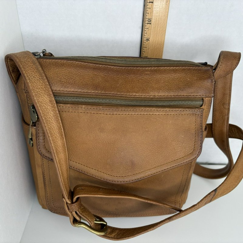 Fossil 75082 Tan Leather Crossbody Bag w/ Key Charm Brass Hardware Vintage