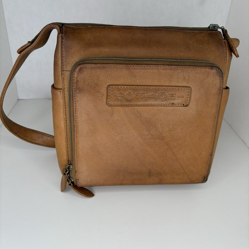 Fossil 75082 Tan Leather Crossbody Bag w/ Key Charm Brass Hardware Vintage
