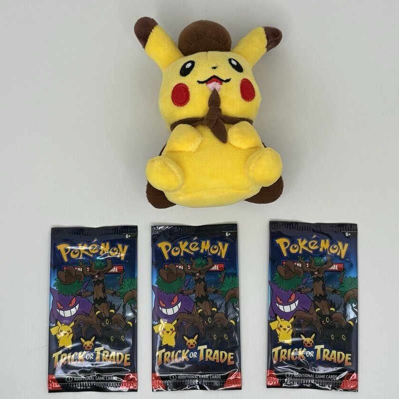 Detective Pikachu Plush Keychain + 3 Pokémon Trick or Trade Booster Packs NWT