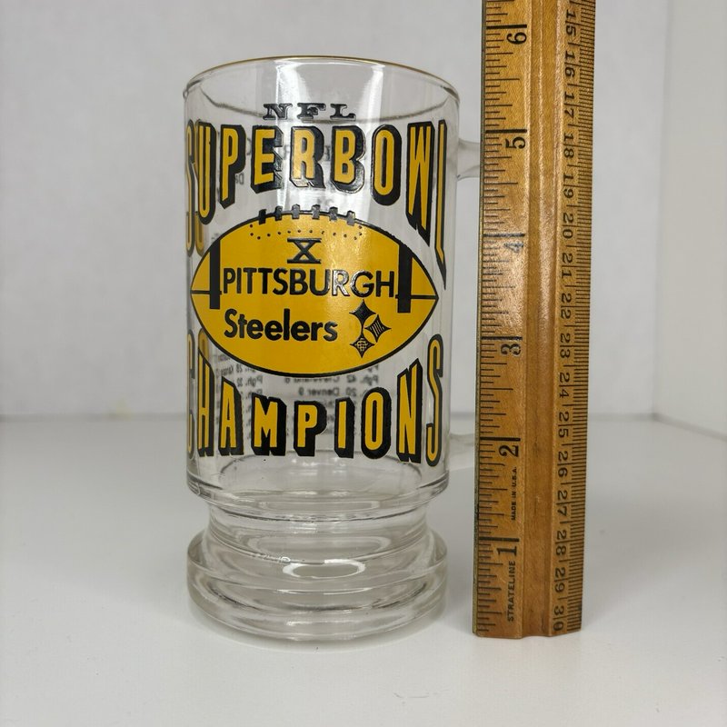 Vintage Pittsburgh Steelers “SUPER BOWL X CHAMPIONS” Glass Mug with Gold Rim