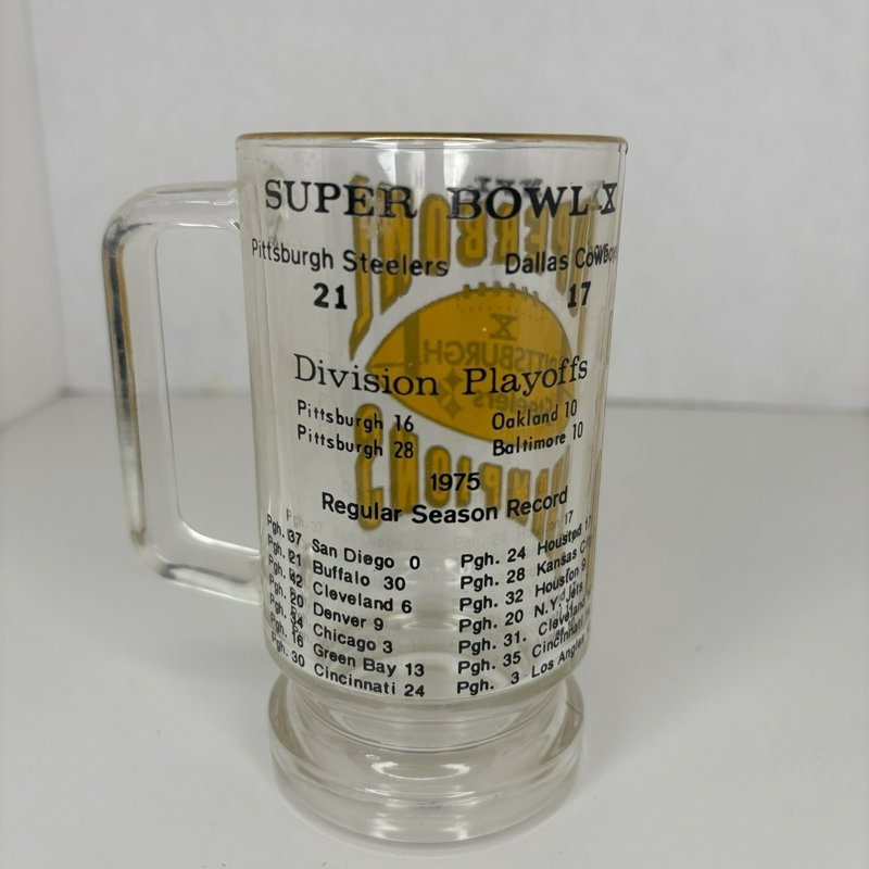 Vintage Pittsburgh Steelers “SUPER BOWL X CHAMPIONS” Glass Mug with Gold Rim