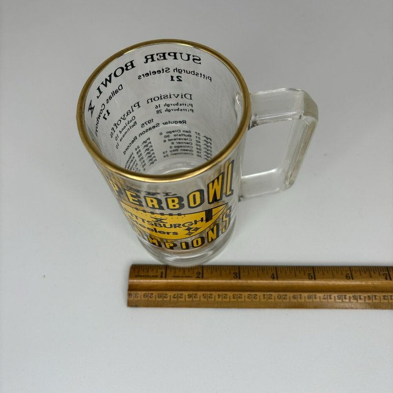 Vintage Pittsburgh Steelers “SUPER BOWL X CHAMPIONS” Glass Mug with Gold Rim