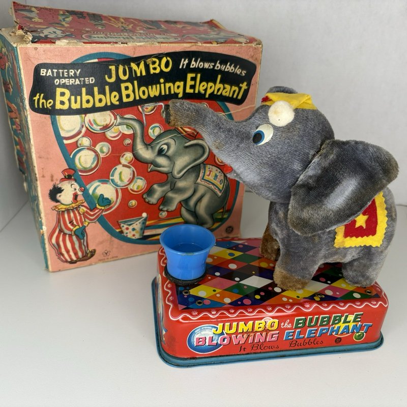 Vintage 1950s Jumbo Bubble Blowing Elephant Battery Tin Toy Japan w/ Box