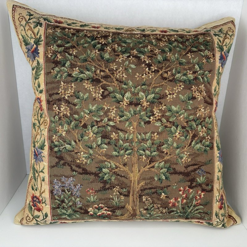 Tree of Life Belgian Tapestry Pillow Velvet Back Down Insert 19”
