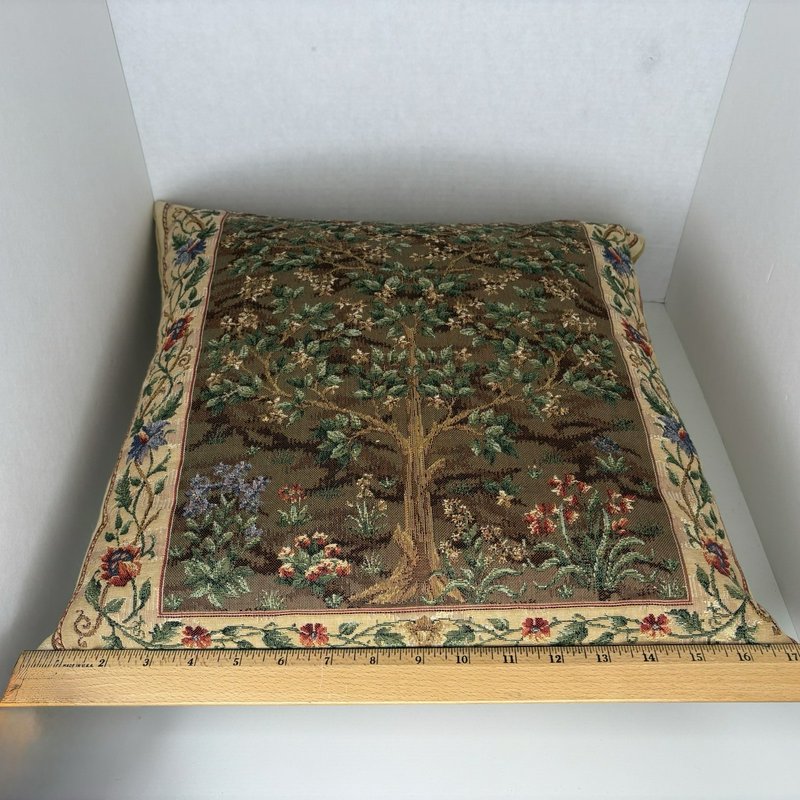 Tree of Life Belgian Tapestry Pillow Velvet Back Down Insert 19”