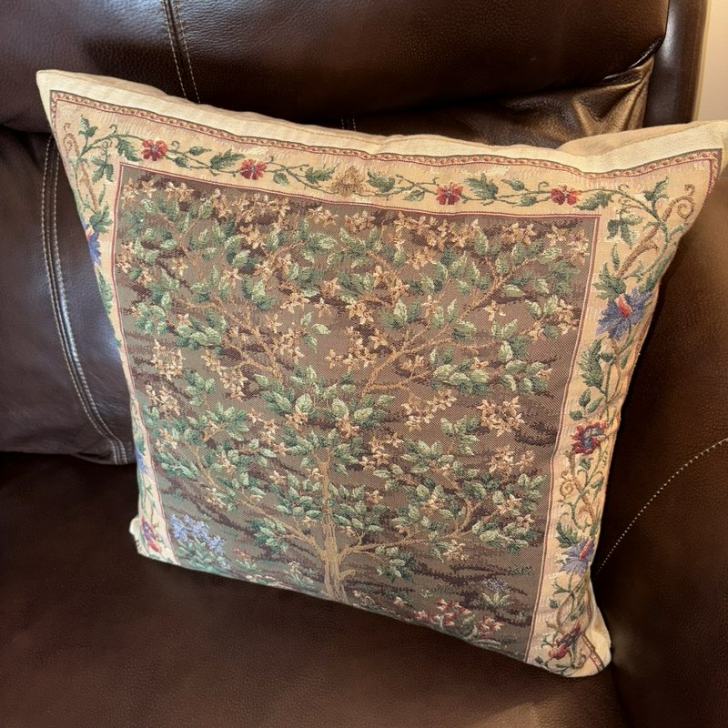 Tree of Life Belgian Tapestry Pillow Velvet Back Down Insert 19”