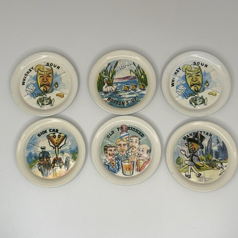 Vintage Mid Century Cocktail Coaster Set Barware Humor Whiskey Sour Manhattan