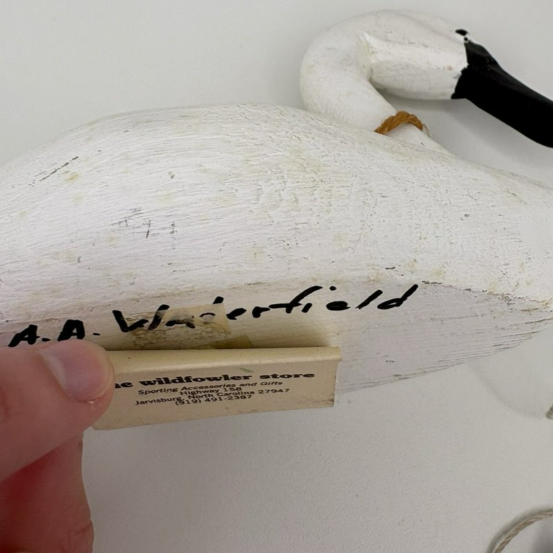 Hand Carved Mini Swan Decoy A.A. Waterfield Wildfowler Store NC Signed Folk Art