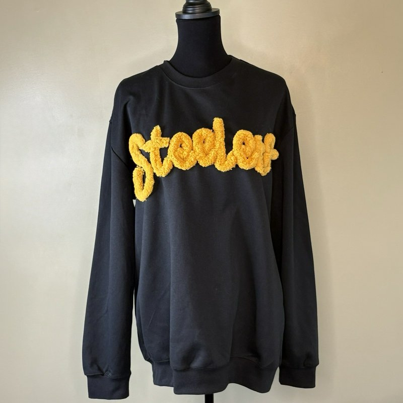 Pittsburgh Steelers Chenille Letter Sweatshirt Black Gold 3D Script 2XL