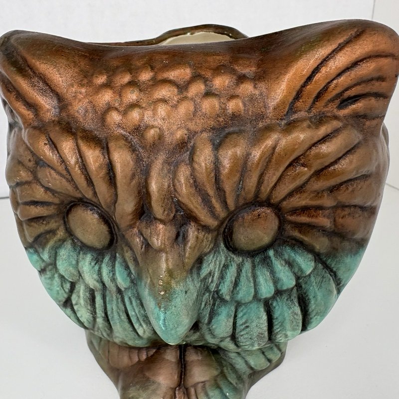Vintage 3-Faced Owl Planter Triangular Studio Pottery Copper Verdigris