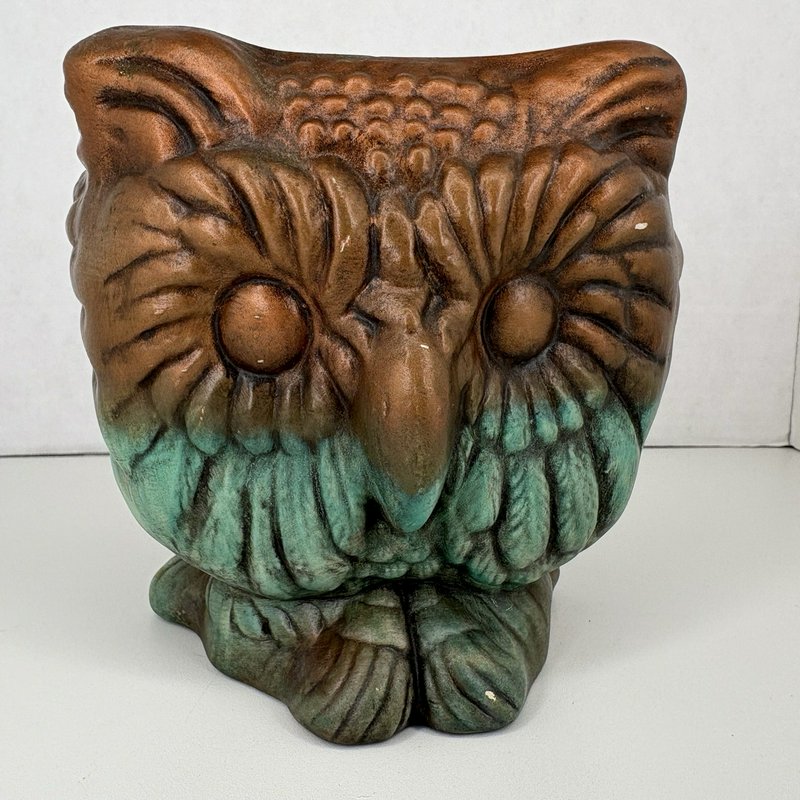 Vintage 3-Faced Owl Planter Triangular Studio Pottery Copper Verdigris