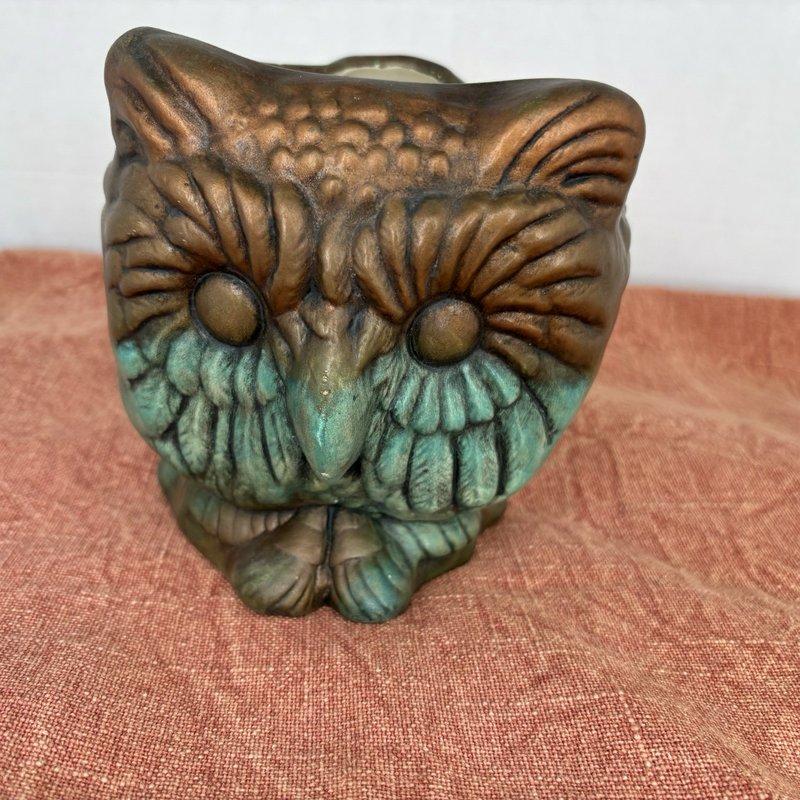 Vintage 3-Faced Owl Planter Triangular Studio Pottery Copper Verdigris