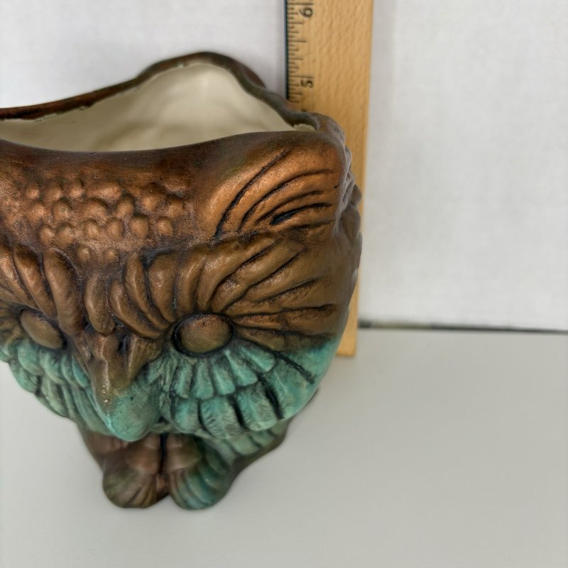 Vintage 3-Faced Owl Planter Triangular Studio Pottery Copper Verdigris