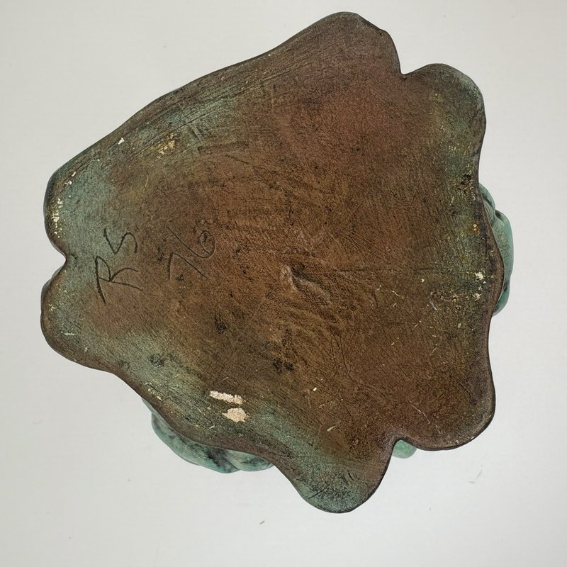 Vintage 3-Faced Owl Planter Triangular Studio Pottery Copper Verdigris