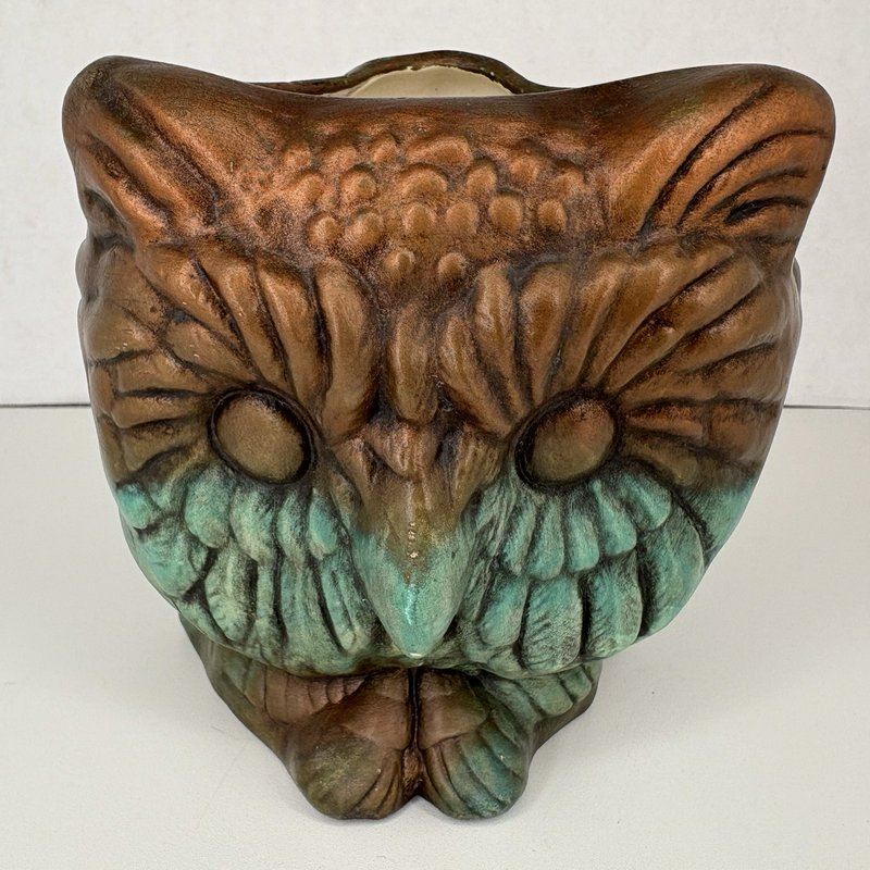 Vintage 3-Faced Owl Planter Triangular Studio Pottery Copper Verdigris