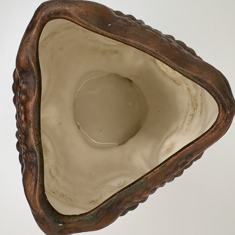 Vintage 3-Faced Owl Planter Triangular Studio Pottery Copper Verdigris