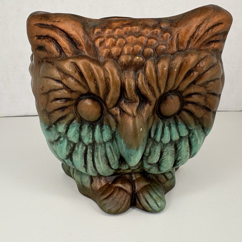 Vintage 3-Faced Owl Planter Triangular Studio Pottery Copper Verdigris