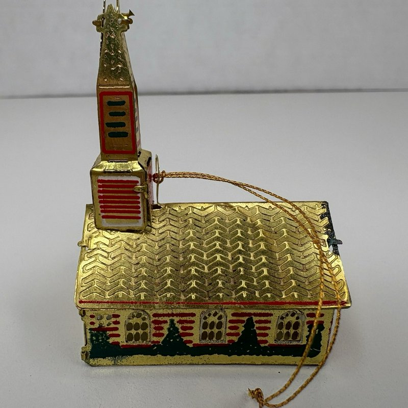 Vintage Japan Tin Church Christmas Ornament Gold Red Green Light Reflector 