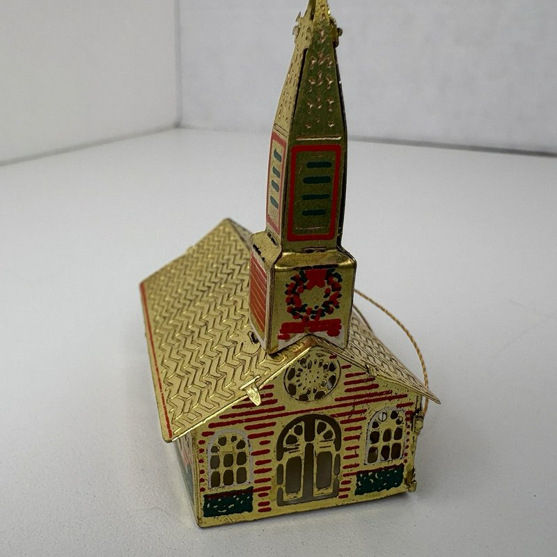 Vintage Japan Tin Church Christmas Ornament Gold Red Green Light Reflector 