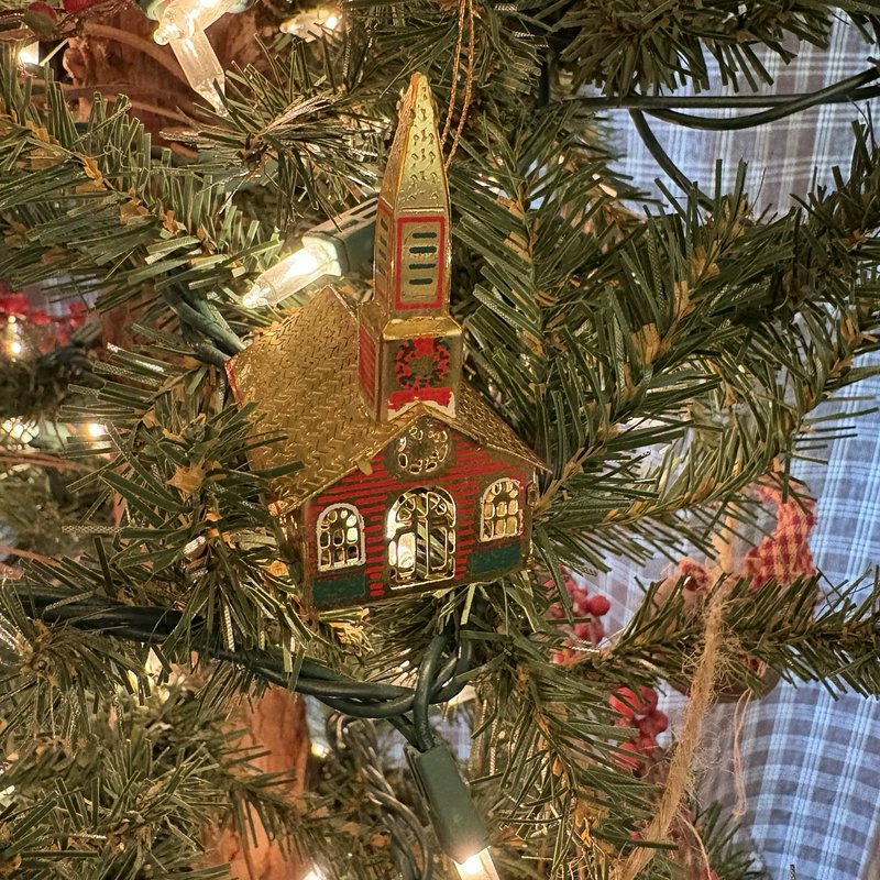 Vintage Japan Tin Church Christmas Ornament Gold Red Green Light Reflector 