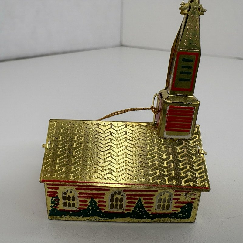 Vintage Japan Tin Church Christmas Ornament Gold Red Green Light Reflector 