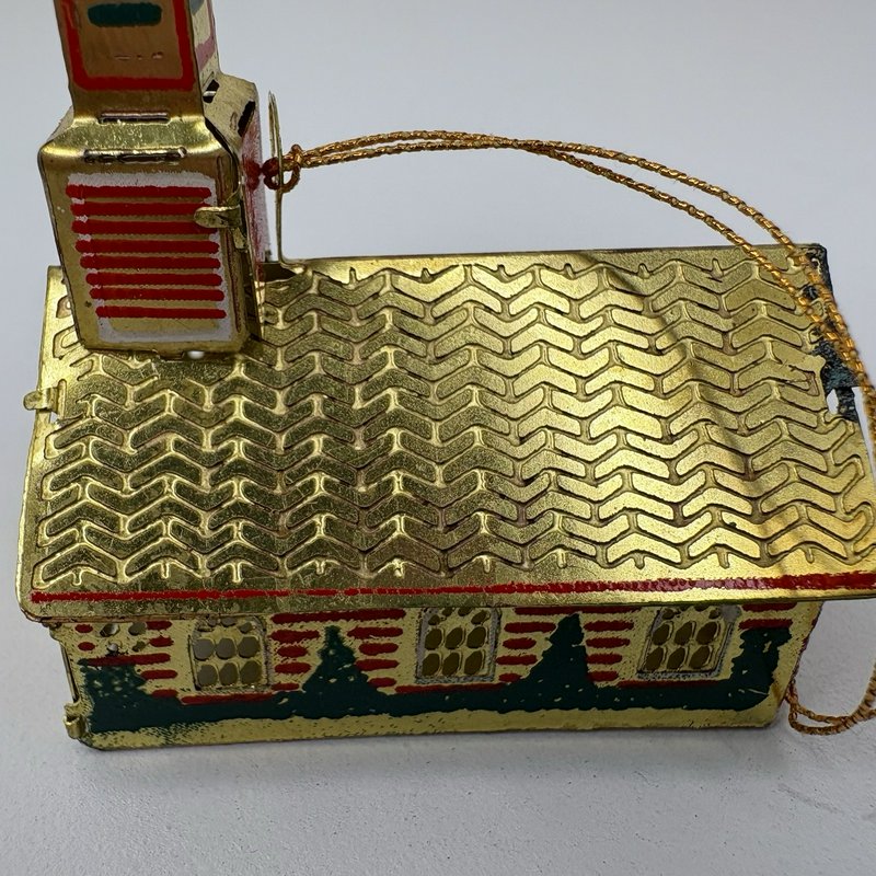 Vintage Japan Tin Church Christmas Ornament Gold Red Green Light Reflector 