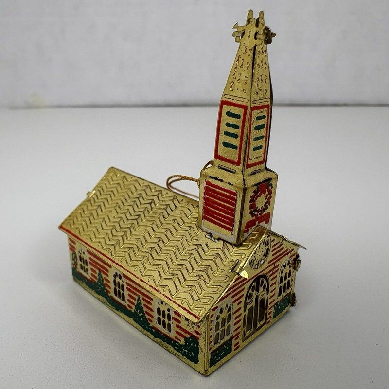 Vintage Japan Tin Church Christmas Ornament Gold Red Green Light Reflector 