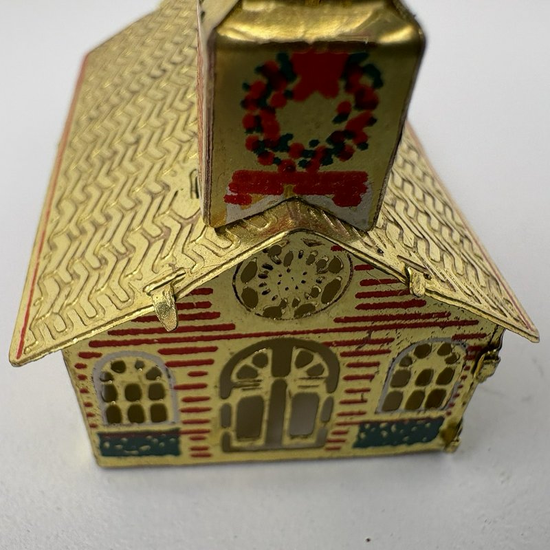 Vintage Japan Tin Church Christmas Ornament Gold Red Green Light Reflector 
