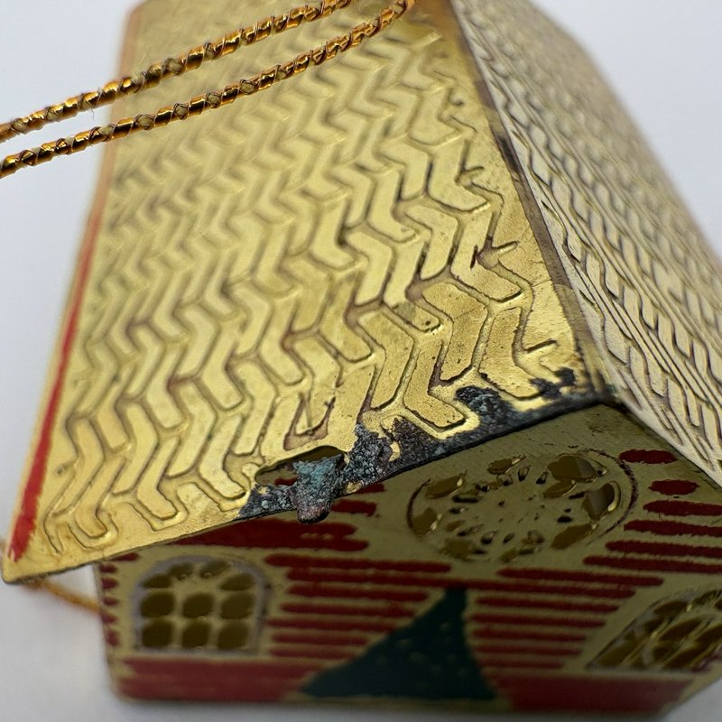 Vintage Japan Tin Church Christmas Ornament Gold Red Green Light Reflector 