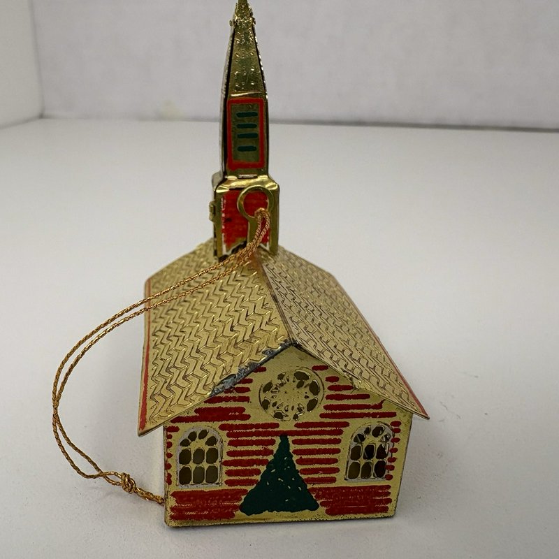 Vintage Japan Tin Church Christmas Ornament Gold Red Green Light Reflector 