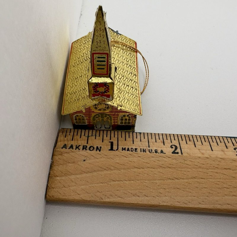 Vintage Japan Tin Church Christmas Ornament Gold Red Green Light Reflector 