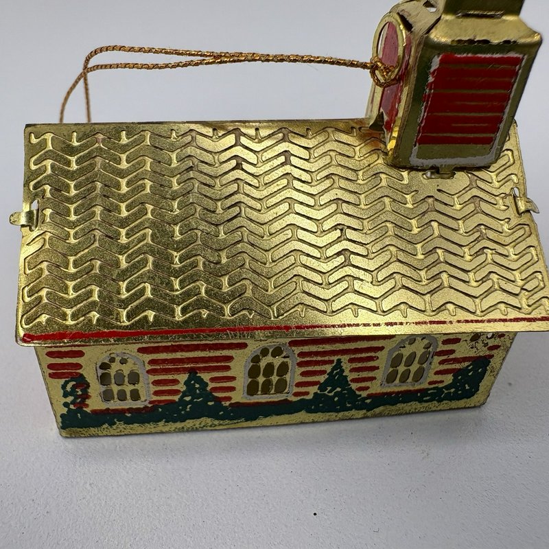 Vintage Japan Tin Church Christmas Ornament Gold Red Green Light Reflector 