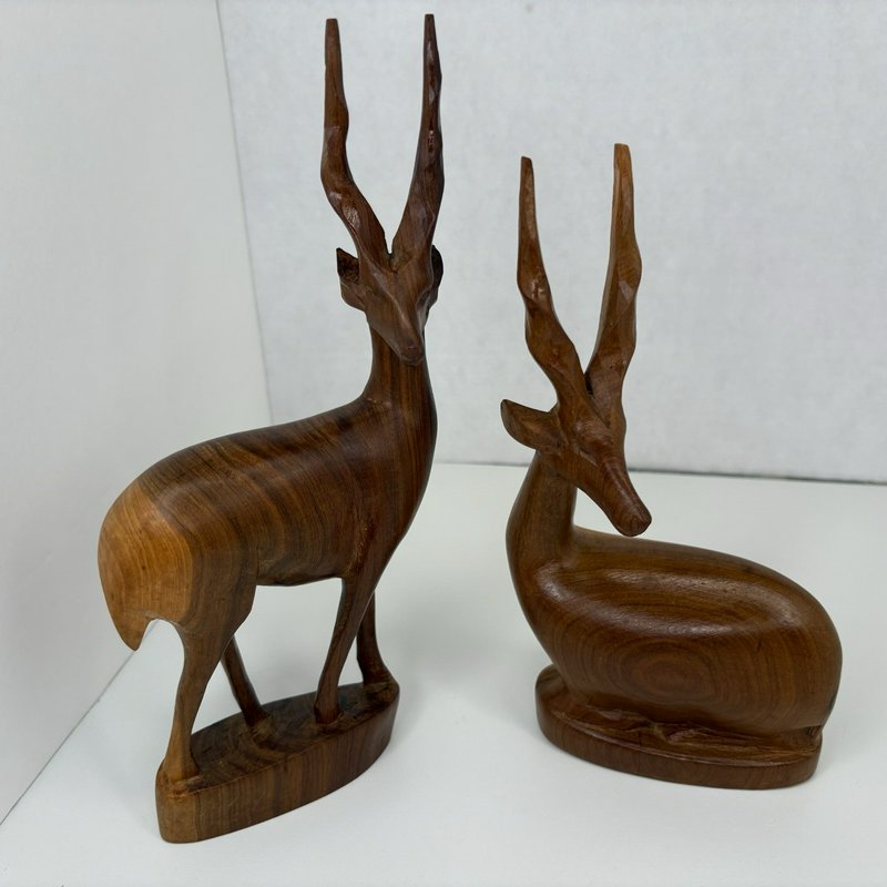 Pair Hand Carved Wood Gazelle Antelope Impala Statues African Teak Look Kenya