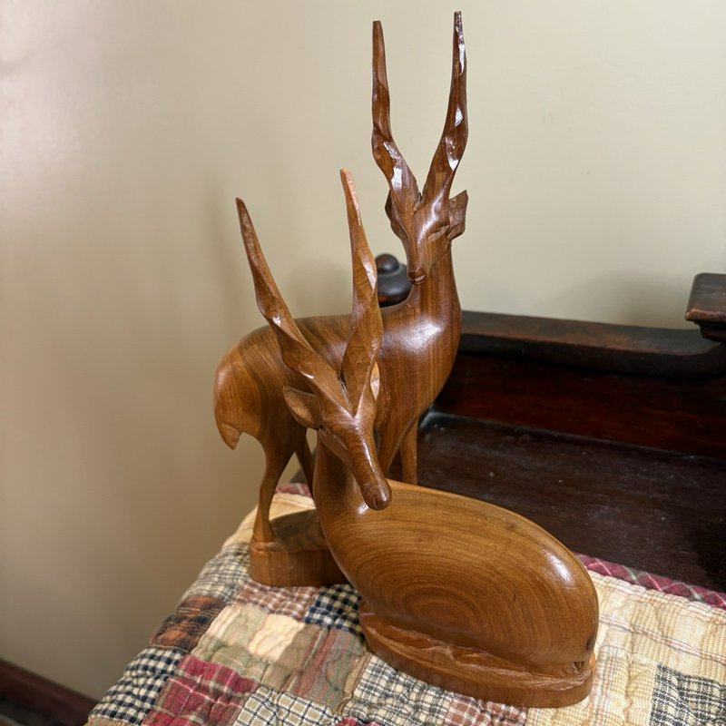 Pair Hand Carved Wood Gazelle Antelope Impala Statues African Teak Look Kenya