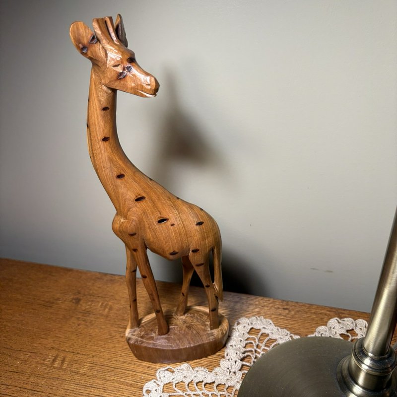 Hand Carved African Giraffe Wood Sculpture 12” Tall Kenya Teak Style Decor